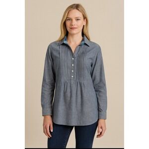 LL Bean women's chambray shirt L 100 % cotton plaid trim long sleeve button fron